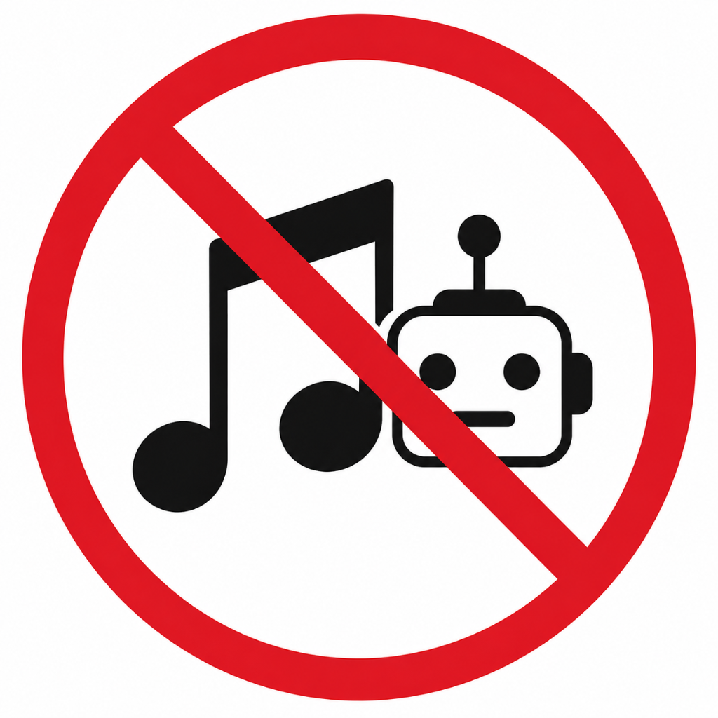 The No AI-Generated Music Symbol — a music note and robot head inside a red prohibition circle